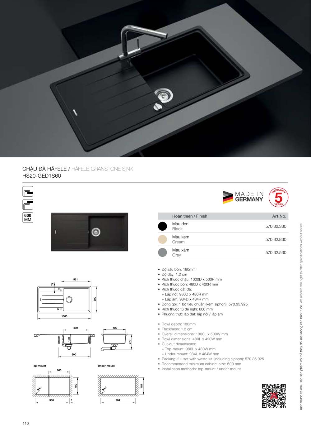 Catalogue HAFELE 2024 Bang gia thiet bi nha bep gia dung 110