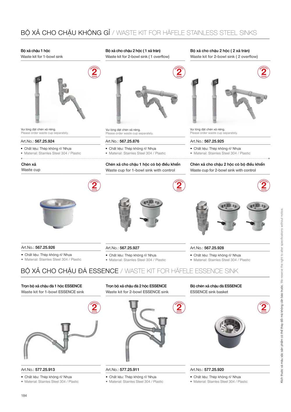 Catalogue HAFELE 2024 Bang gia thiet bi nha bep gia dung 184