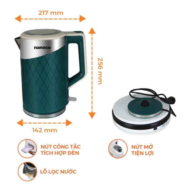 Ấm siêu tốc NANOCO NKT1817W 1.8L trắng - Ảnh 3