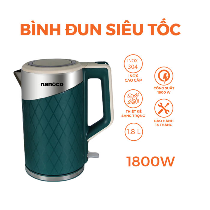 Ấm siêu tốc NANOCO NKT1817W 1.8L trắng - Ảnh 2