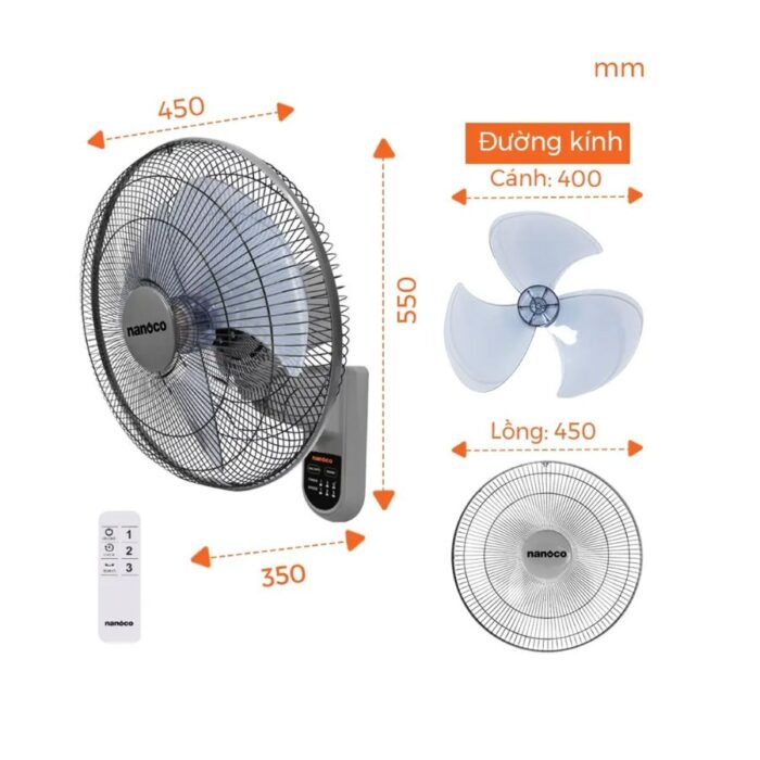 Quạt treo tường NANOCO NWF1612RC-G xám - Ảnh 2