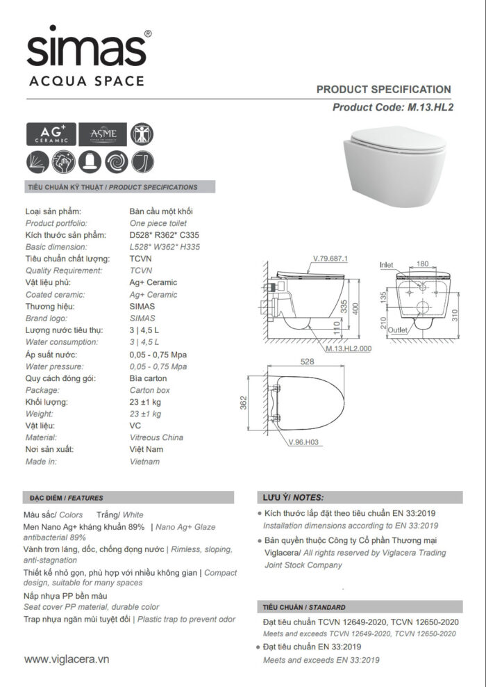 Thông số kĩ thuật Bồn cầu treo tường VIGLACERA V.13.HL2 nắp êm