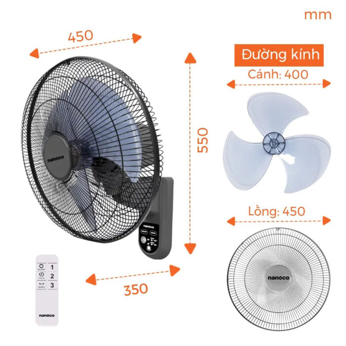 Quạt treo tường NANOCO NWF1615RC-GR ghi - Ảnh 2