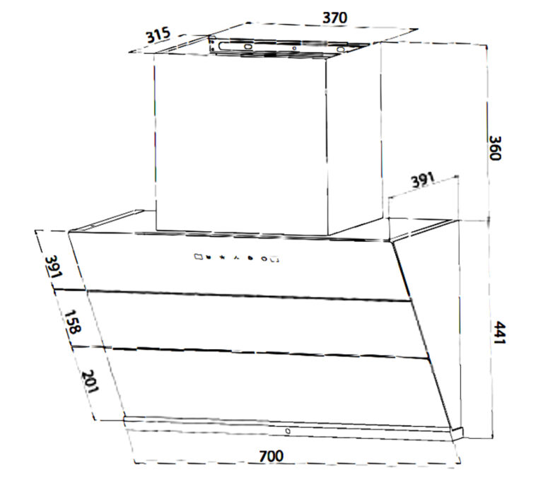 Bản vẽ kích thước Máy hút mùi BLUEGER B-V70SMART 70cm kính vát