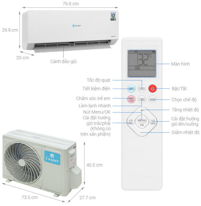 Bản vẽ kĩ thuật Điều Hòa Casper Inverter QC-12IS36 12000Btu 1 Chiều