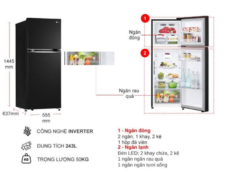 Bản vẽ kỹ thuật Tủ Lạnh LG Inverter GV-B242BL 2 Cánh 243 Lít