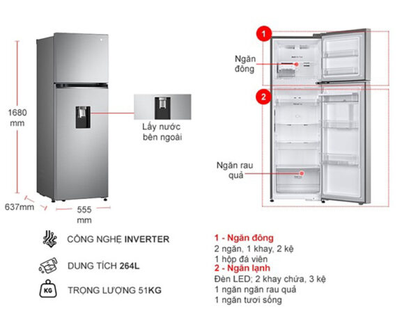 Bản vẽ kỹ thuật Tủ Lạnh LG Inverter GV-D262PS 2 Cánh 264 Lít