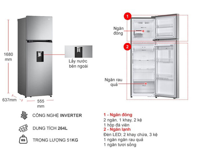 Bản vẽ kỹ thuật Tủ Lạnh LG Inverter GV-D262PS 2 Cánh 264 Lít