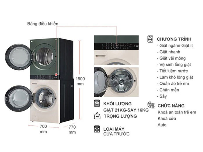Thông số kĩ thuật Tháp Giặt Sấy LG Inverter WashTower WT2116SHEG Giặt 21Kg Sấy 16Kg