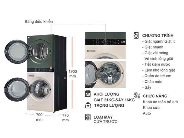 Thông số kĩ thuật Tháp Giặt Sấy LG Inverter WashTower WT2116SHEG Giặt 21Kg Sấy 16Kg