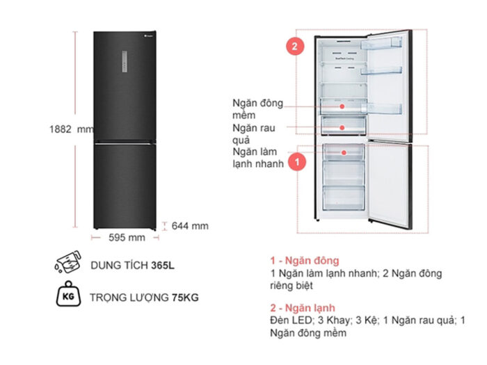 Thông số kĩ thuật Tủ Lạnh Casper Inverter RB-365VB 2 Cánh 325 Lít