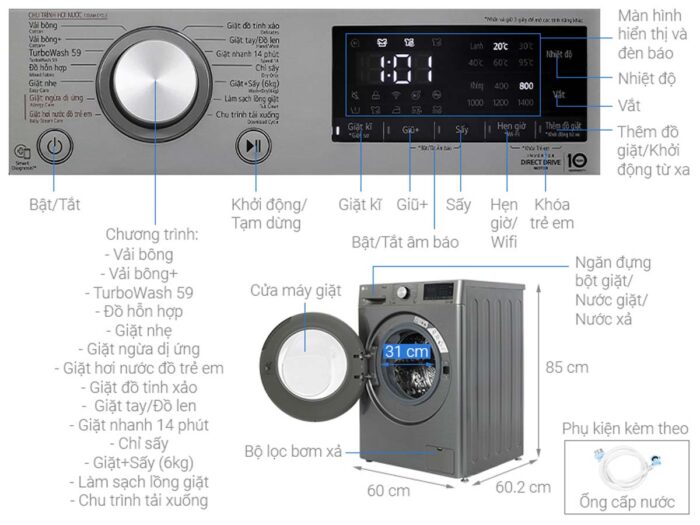 Máy giặt sấy LG FV1410D4P 10kg 6kg inverter - Ảnh 3