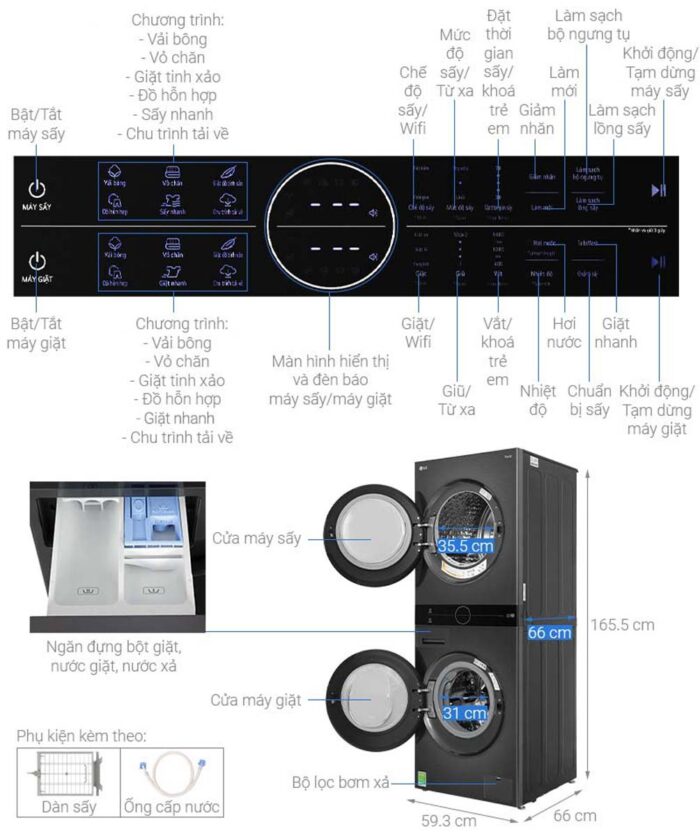 Tháp giặt sấy LG WashTower WT1410NHB 14kg 10kg inverter - Ảnh 3