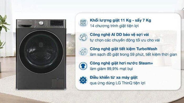Máy giặt sấy LG FV1411H3BA 11kg 7kg inverter - Ảnh 2