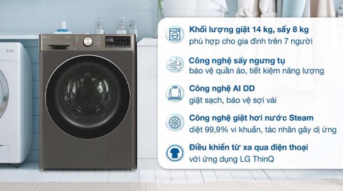 Máy giặt sấy LG FV1414H3BA 14kg 8kg inverter - Ảnh 2