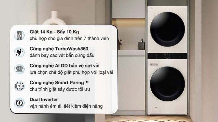 Tháp giặt sấy LG WashTower WT1410NHE 14kg 10kg inverter - Ảnh 2