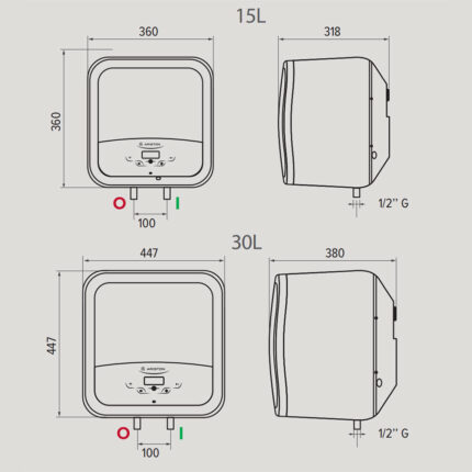 Bản vẽ kỹ thuật Bình nóng lạnh ARISTON ANDRIS2 AN2 15 30 TOP WIFI 15L 30L lít vuông gián tiếp