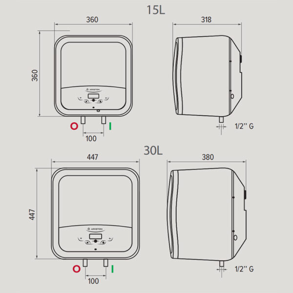 Bản vẽ kỹ thuật Bình nóng lạnh ARISTON ANDRIS2 AN2 15 30 TOP WIFI 15L 30L lít vuông gián tiếp