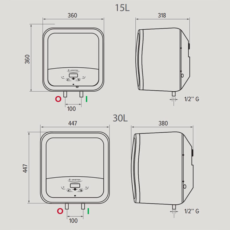 Bản vẽ kỹ thuật Bình nóng lạnh ARISTON ANDRIS2 AN2 15 30 TOP WIFI 15L 30L lít vuông gián tiếp