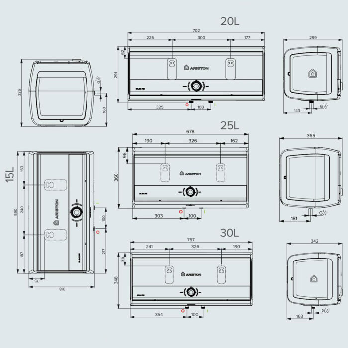Bản vẽ kỹ thuật Bình nóng lạnh ARISTON SLIM3 15 20 25 30 RS AG+ lít (SL3) ngang gián tiếp