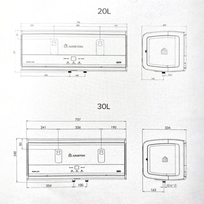 Bản vẽ kỹ thuật Bình nóng lạnh ARISTON SLIM3 20 30 LUX 20L 30L lít SL3 ngang gián tiếp 2.5FE 2500w