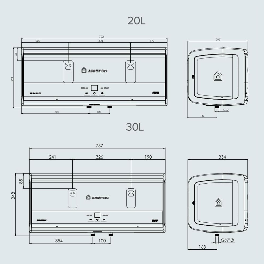 Bản vẽ kỹ thuật Bình nóng lạnh ARISTON SLIM3 20 30 LUX AG+ 30L lít (SL3) ngang gián tiếp 2.5FE 2500w