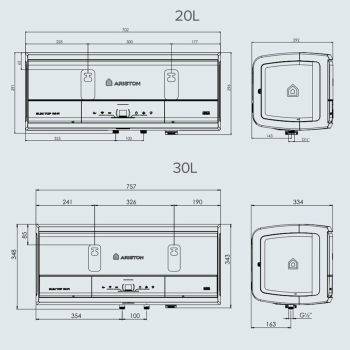 Bản vẽ kỹ thuật Bình nóng lạnh ARISTON SLIM3 20 30 TOP WIFI AG+ 20L 30L lít (SL3) ngang gián tiếp 2.5FE 2500w