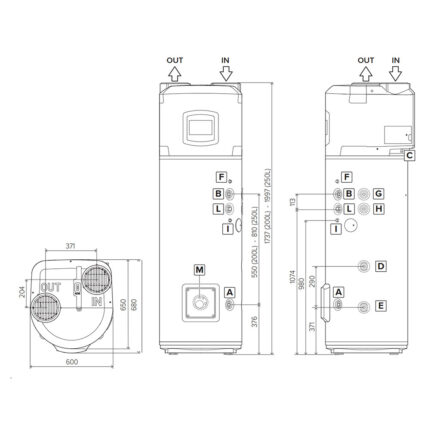 Bản vẽ kỹ thuật Máy nước nóng bơm nhiệt heat pump Ariston NUOS PLUS WIFI 250 lít