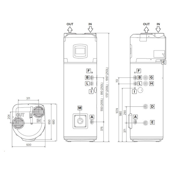 Bản vẽ kỹ thuật Máy nước nóng bơm nhiệt heat pump Ariston NUOS PLUS WIFI 250 lít