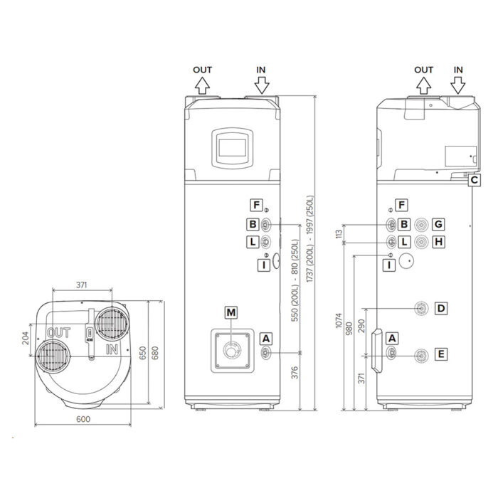 Bản vẽ kỹ thuật Máy nước nóng bơm nhiệt heat pump Ariston NUOS PLUS WIFI 250 lít