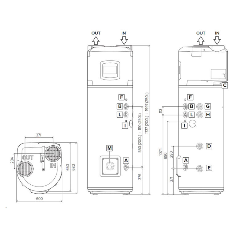 Bản vẽ kỹ thuật Máy nước nóng bơm nhiệt heat pump Ariston NUOS PLUS WIFI 250 lít