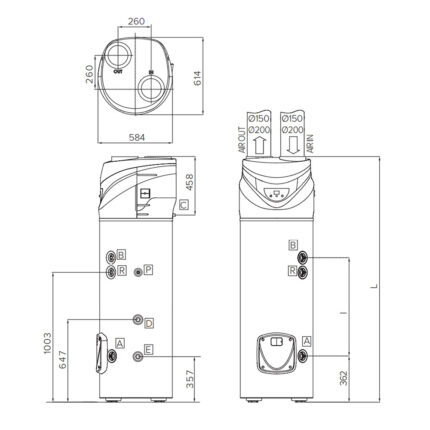 Bản vẽ kỹ thuật Máy nước nóng bơm nhiệt heat pump Ariston NUOS PRIMO 240 HC A+ 240 lít