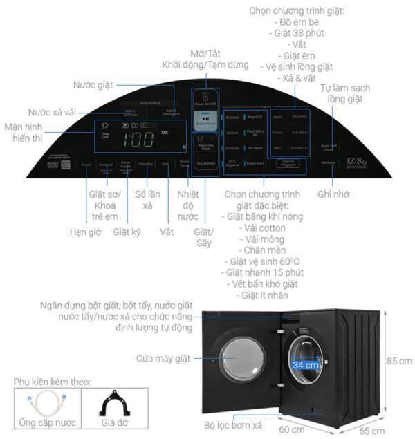 Thông số kĩ thuật Máy Giặt Hitachi Inverter BD-D120XGV 12Kg