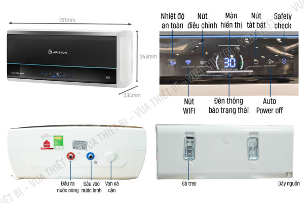 Thông số kỹ thuật Bình nóng lạnh ARISTON SLIM3 30 TOP WIFI AG+ 30L lít (SL3) ngang gián tiếp 2.5FE 2500w