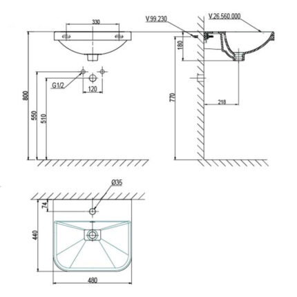Bản vẽ kĩ thuật chậu lavabo VIGLACERA V.26.560 treo tường