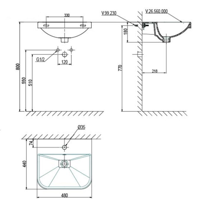 Bản vẽ kĩ thuật chậu lavabo VIGLACERA V.26.560 treo tường
