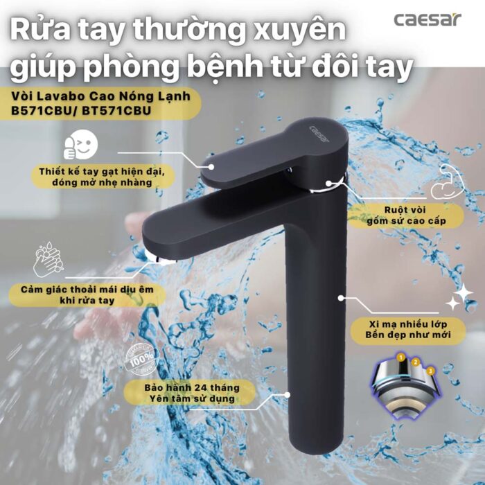 Vòi lavabo CAESAR B571CBU cổ cao nóng lạnh - Ảnh 2