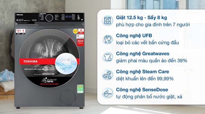 Máy giặt sấy Toshiba TWD-BM135GF4V(MG) 12.5kg 8kg Inverter - Ảnh 2