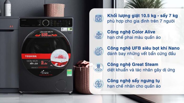 Máy giặt sấy Toshiba TWD-T25BZU115MWV(MG) 10.5kg 7kg Inverter - Ảnh 2