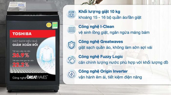 Máy giặt Toshiba AW-DM1100PV(KK) Inverter 10kg - Ảnh 2