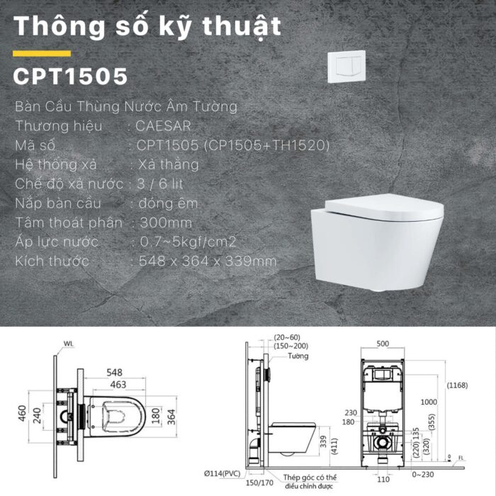 Bồn cầu treo tường CAESAR CPT1505 két nước âm TH1520 - Ảnh 2