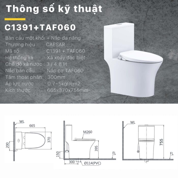 Bồn cầu thông minh CAESAR C1391 + TAF060 nắp rửa cơ - Ảnh 3