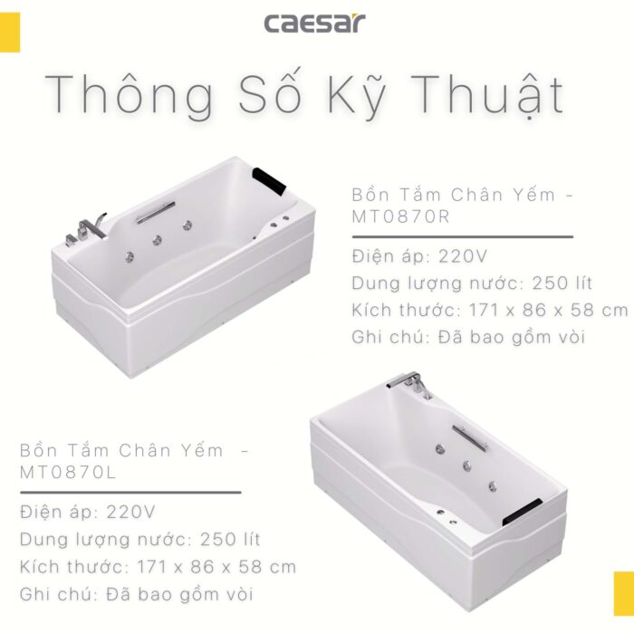 Bồn tắm CAESAR MT0870L MT0870R Massage chân yếm 1.7M - Ảnh 2