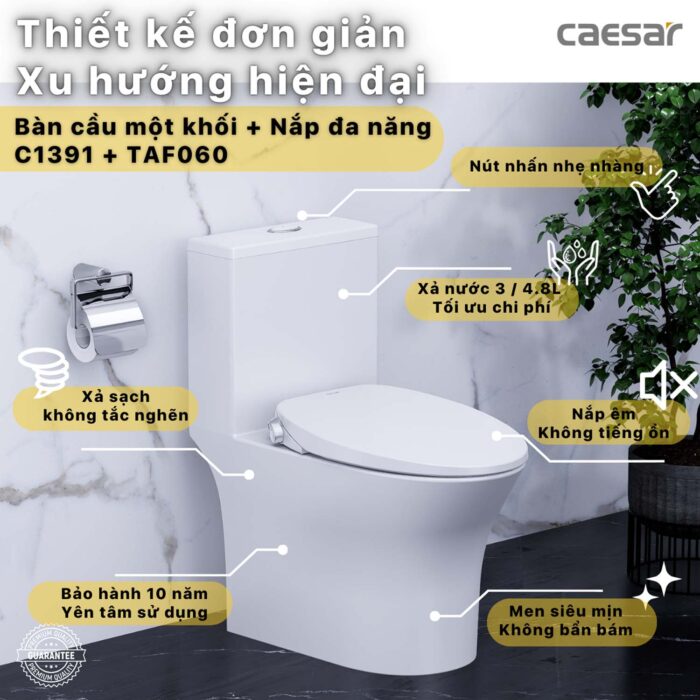 Bồn cầu thông minh CAESAR C1391 + TAF060 nắp rửa cơ - Ảnh 5