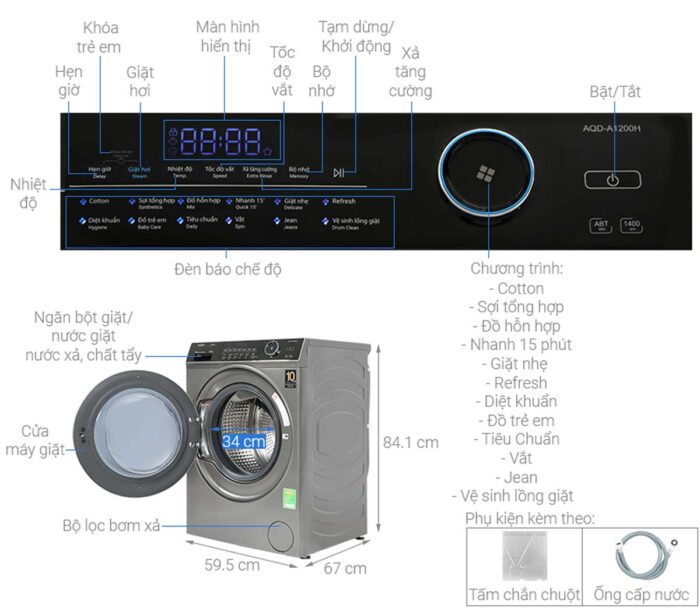Máy giặt Aqua AQD-A1200H.PS Inverter 12kg - Ảnh 3