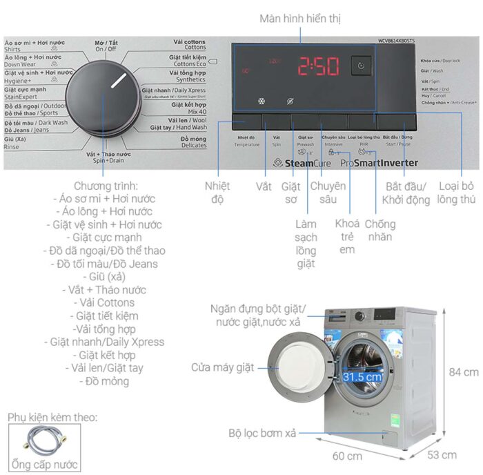 Máy giặt Beko WCV8614XB0STS 8kg Inverter - Ảnh 3