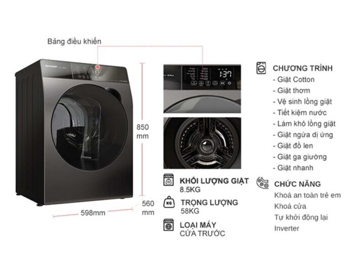 Máy giặt Sharp ES-FK852SV-G Inverter 8.5kg - Ảnh 2