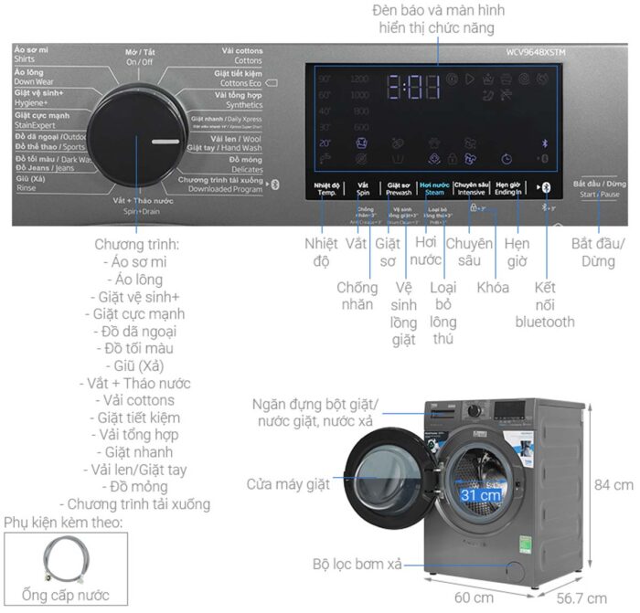 Máy giặt Beko WCV9648XSTM 9kg Inverter - Ảnh 2