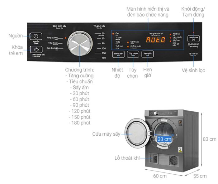 Máy sấy quần áo Aqua AQH-V800H.SS 8Kg - Ảnh 3
