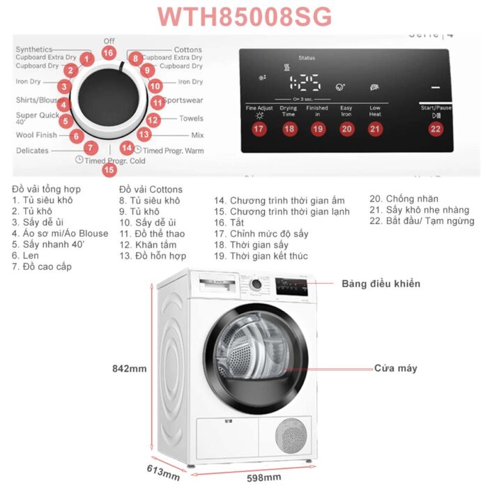 Máy sấy quần áo Bosch WTH85008SG 8Kg Series 4 - Ảnh 2